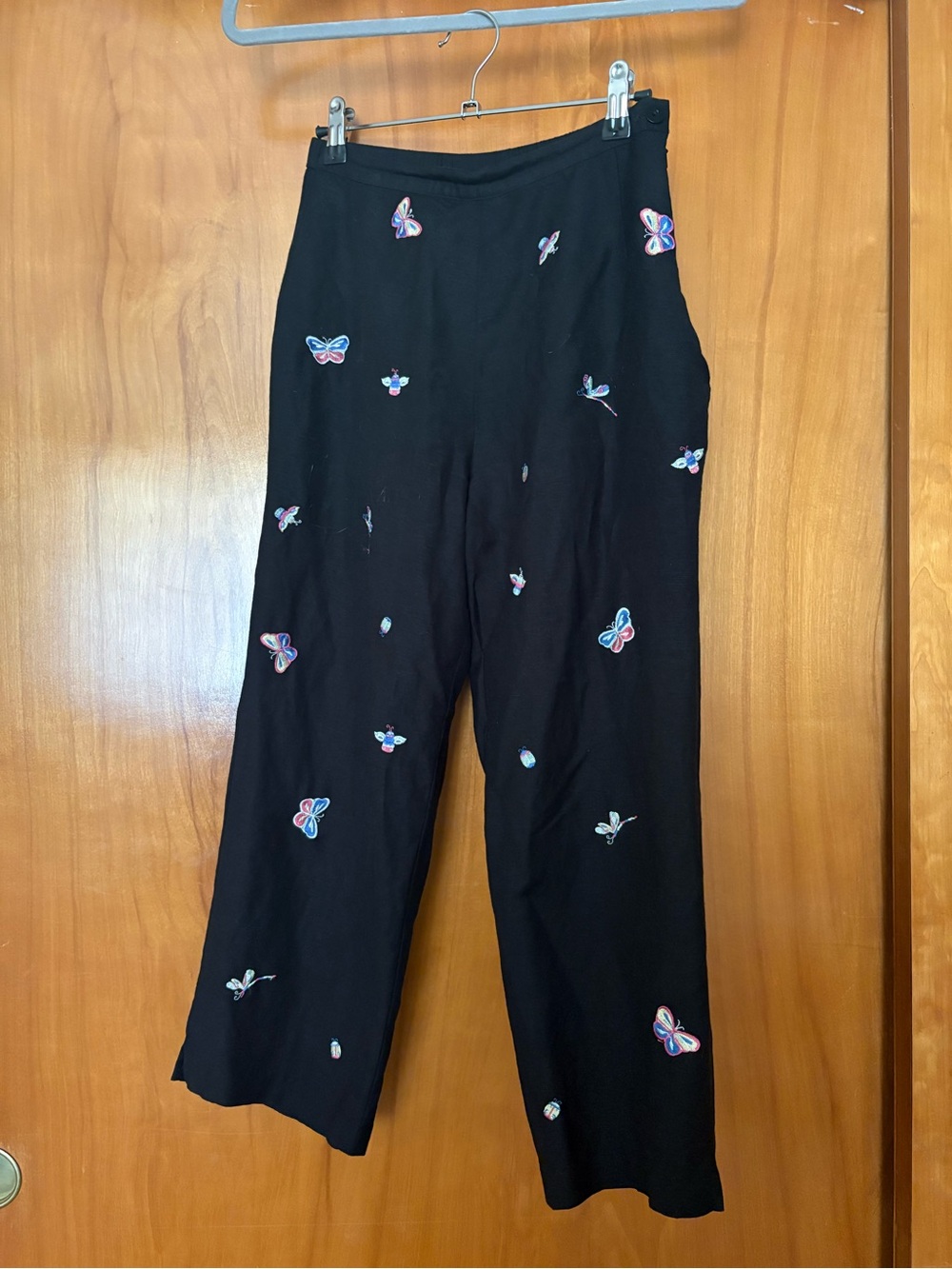 Coldwater Creek Black Wide-Leg Pants with Multicolor Butterfly Embroidery
